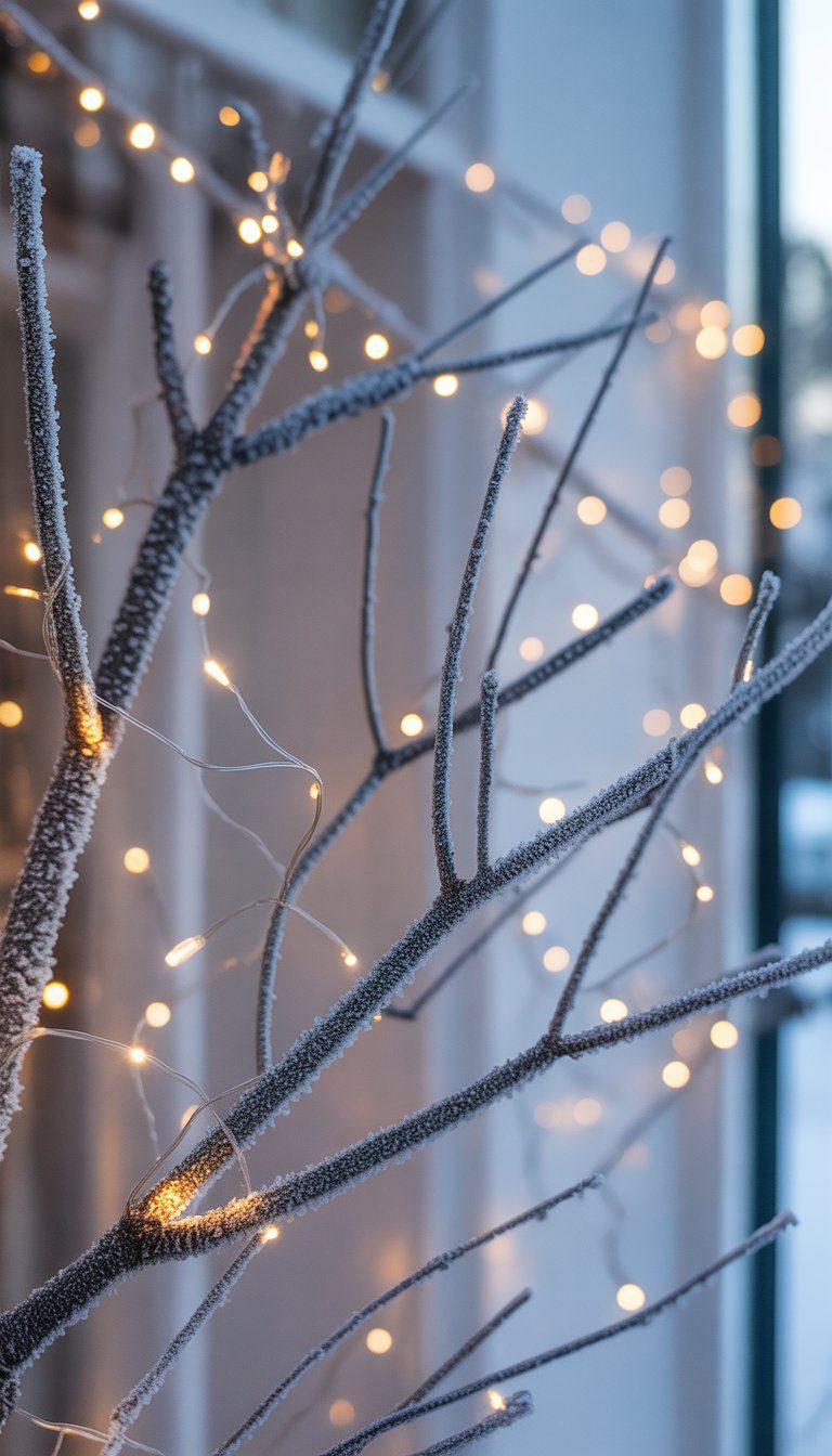 Frosted tree branches decorated with small twinkle fairy lights in a winter window display.