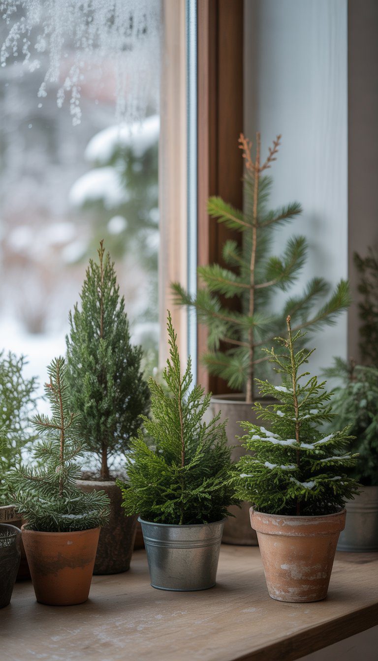 Miniature evergreen trees in rustic pots arranged on a wooden windowsill with a snowy outdoor view through the window.