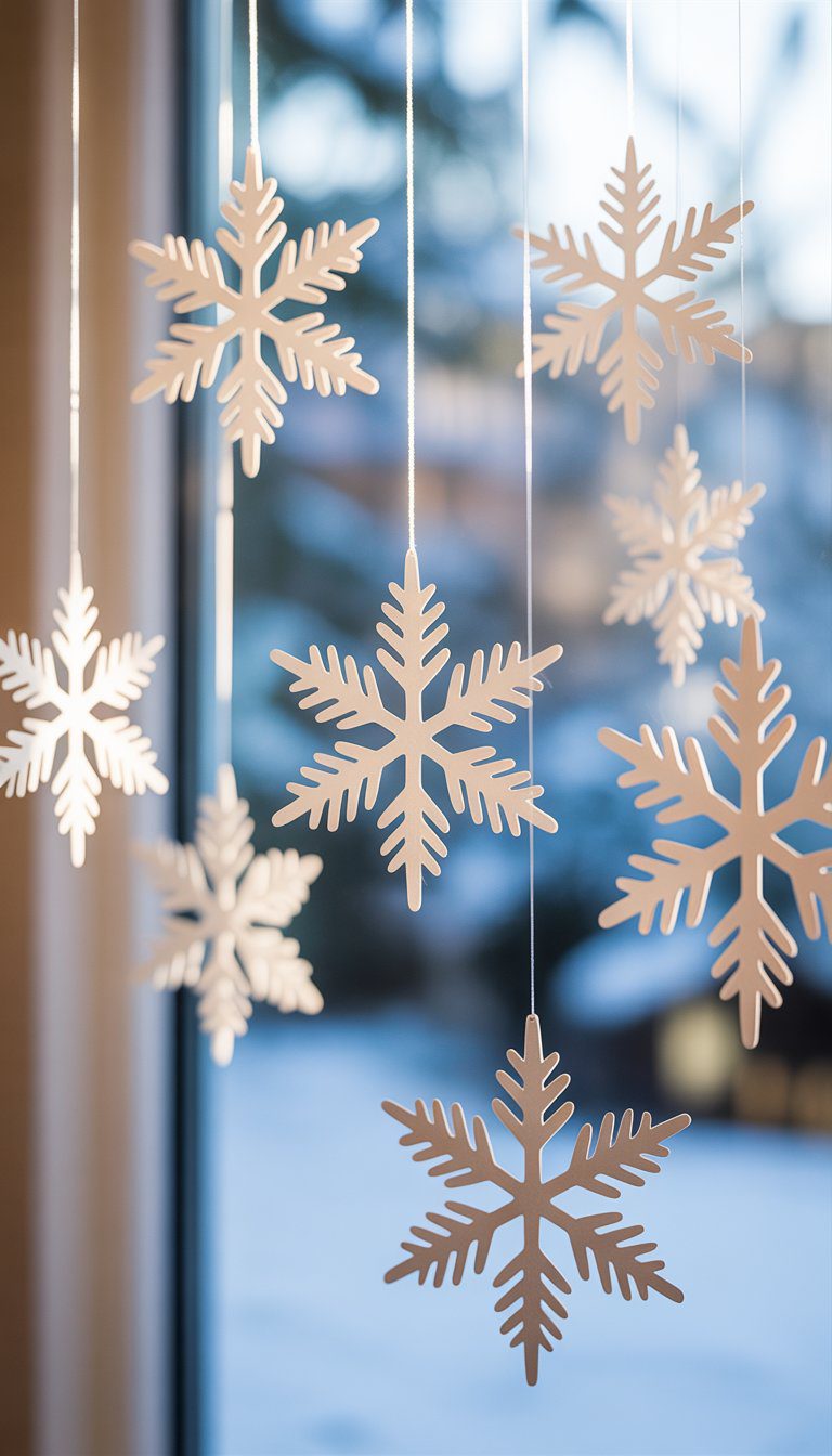 White paper snowflakes hanging at different heights against a soft winter background.