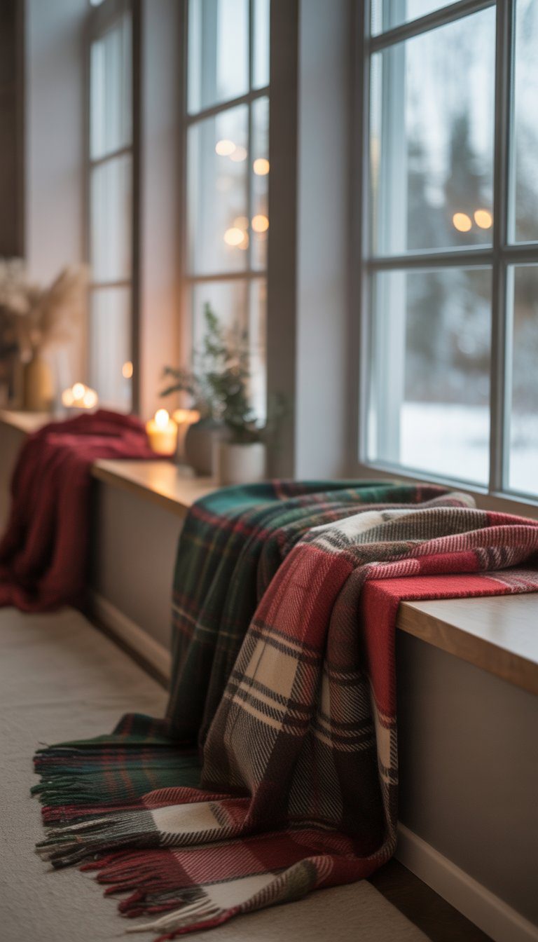 Window sills with soft plaid throws draped over them, illuminated by natural daylight from large windows overlooking a blurred winter scene.