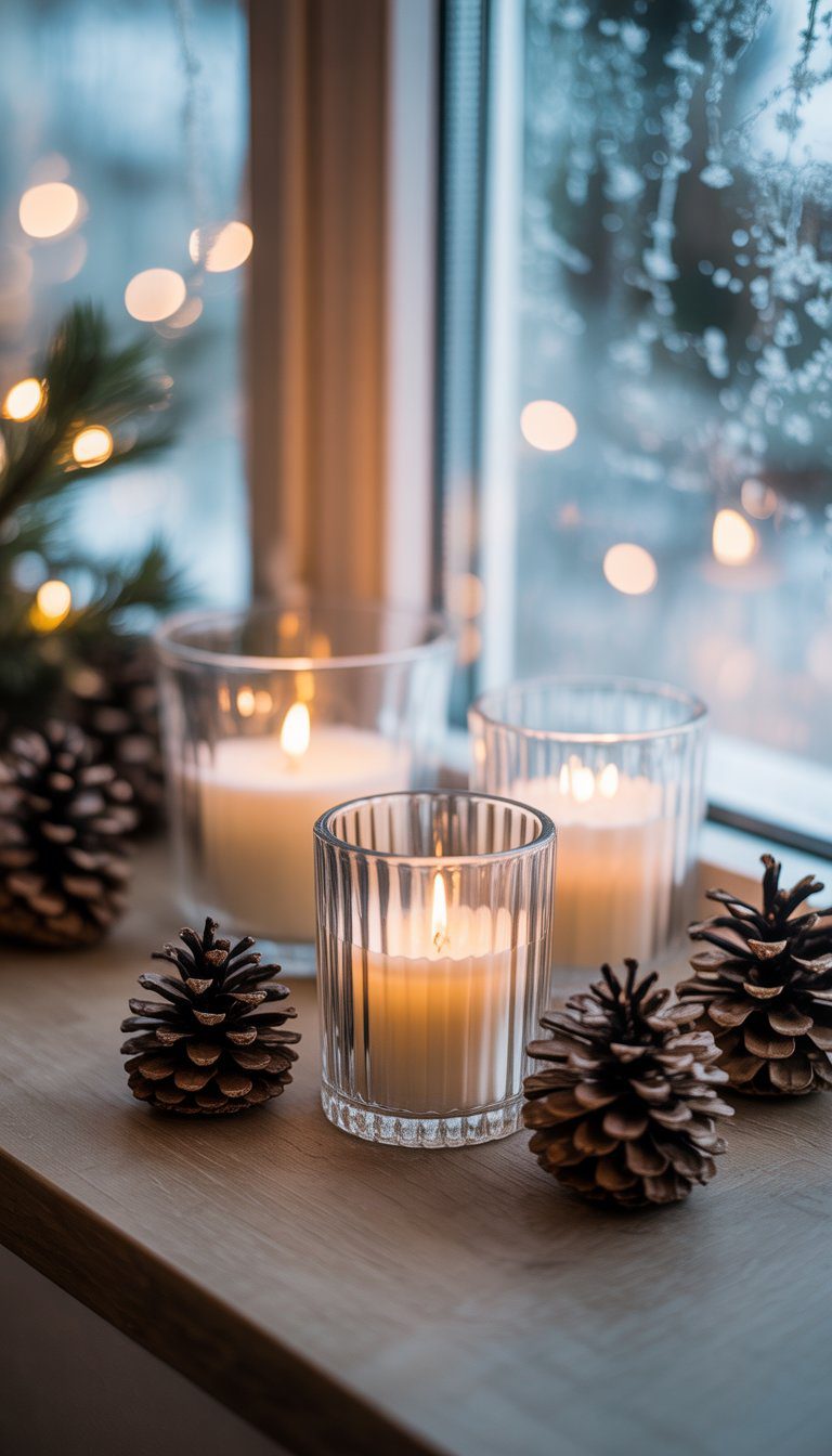Glass votive candle holders with white candles and pine cones arranged on a wooden surface near a window.