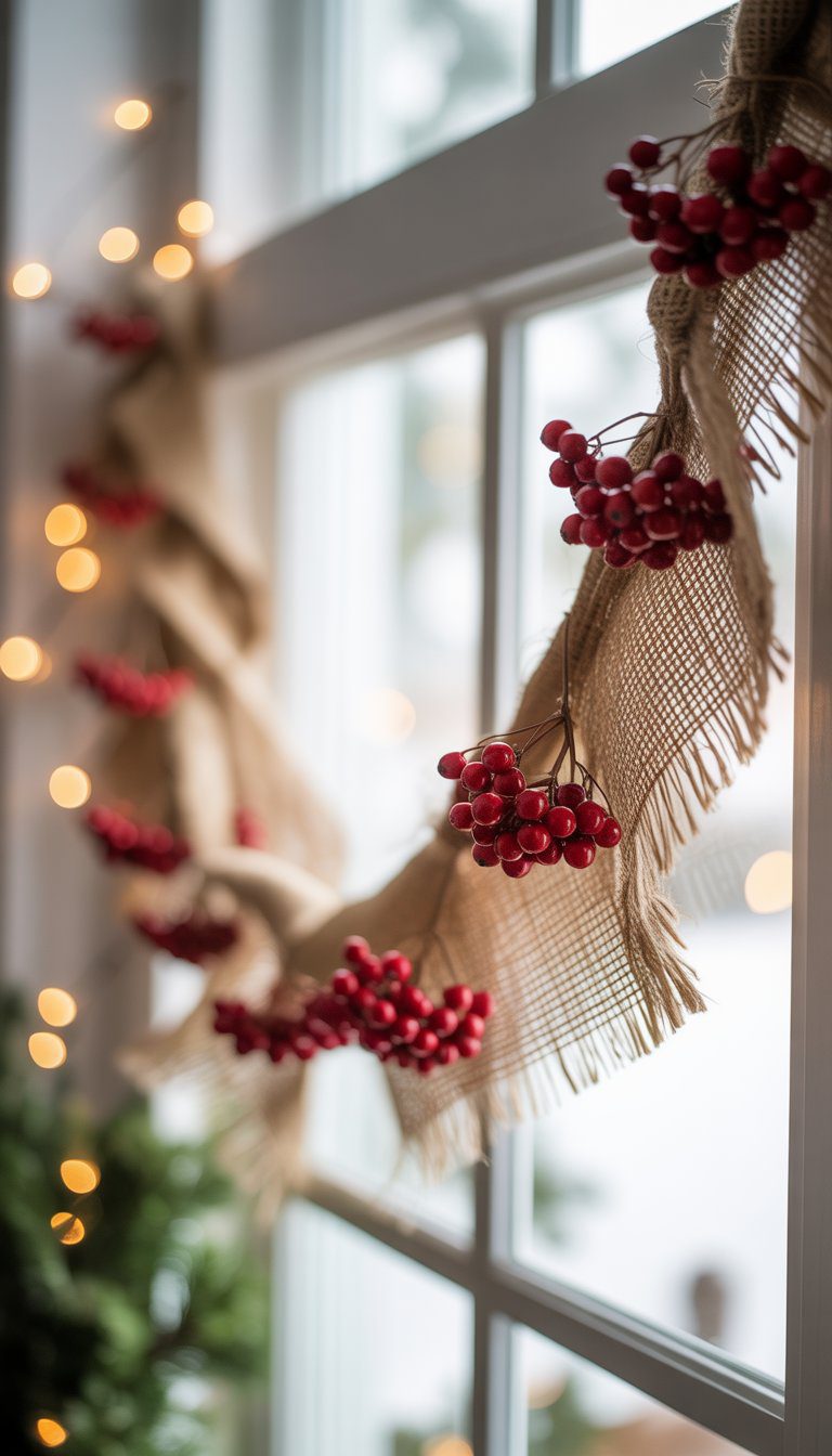 A burlap garland decorated with red berries hanging across a window frame with daylight coming through.