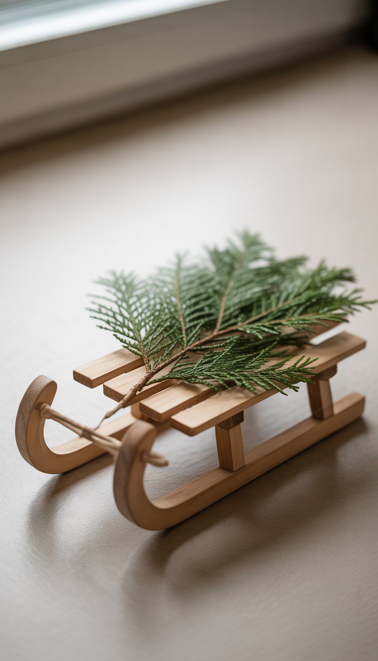 A small wooden sled decorated with green evergreen sprigs on a neutral surface.
