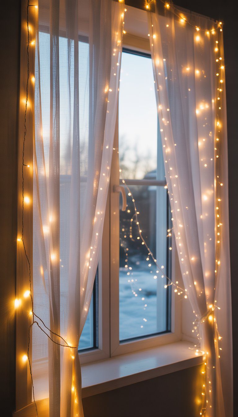 A window with sheer curtains illuminated by warm string lights creating a cozy and sparkling atmosphere.
