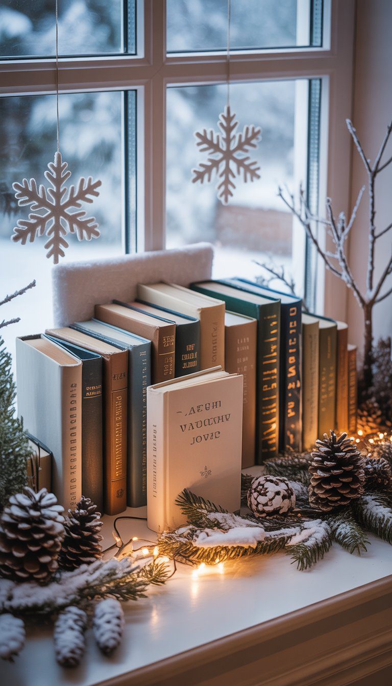 A window display showing winter-themed books and journals surrounded by snowflake decorations, pine cones, and frosted branches.