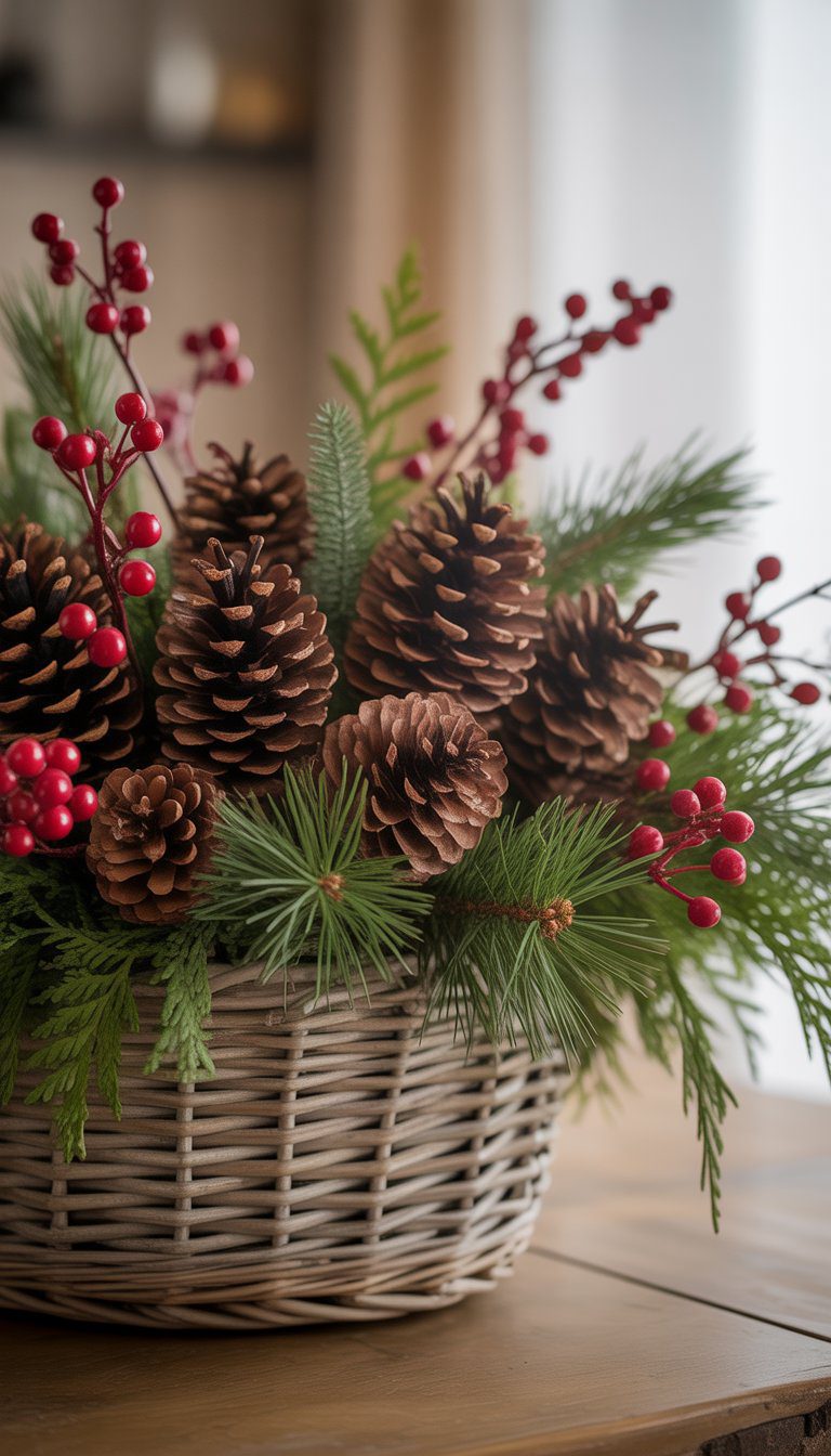 A woven basket filled with pinecones, red berries, and evergreen foliage on a wooden table.