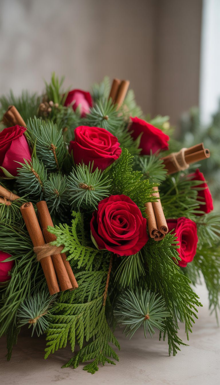 A Christmas floral centerpiece with fresh fir branches, red roses, and cinnamon sticks arranged together.