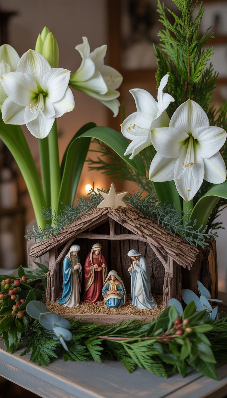 A nativity scene surrounded by white amaryllis flowers and green leaves on a wooden surface.