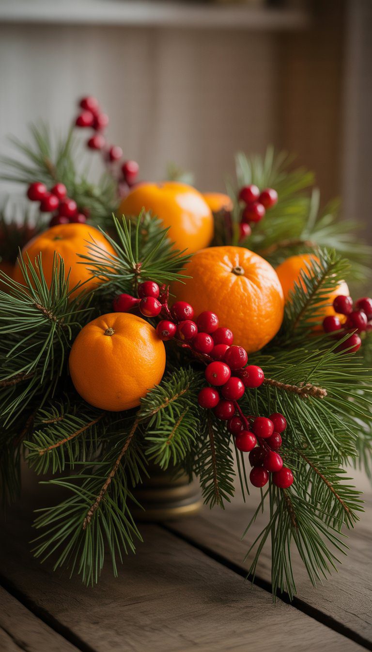 A Christmas centerpiece with oranges, cranberries, and pine branches arranged on a wooden table.