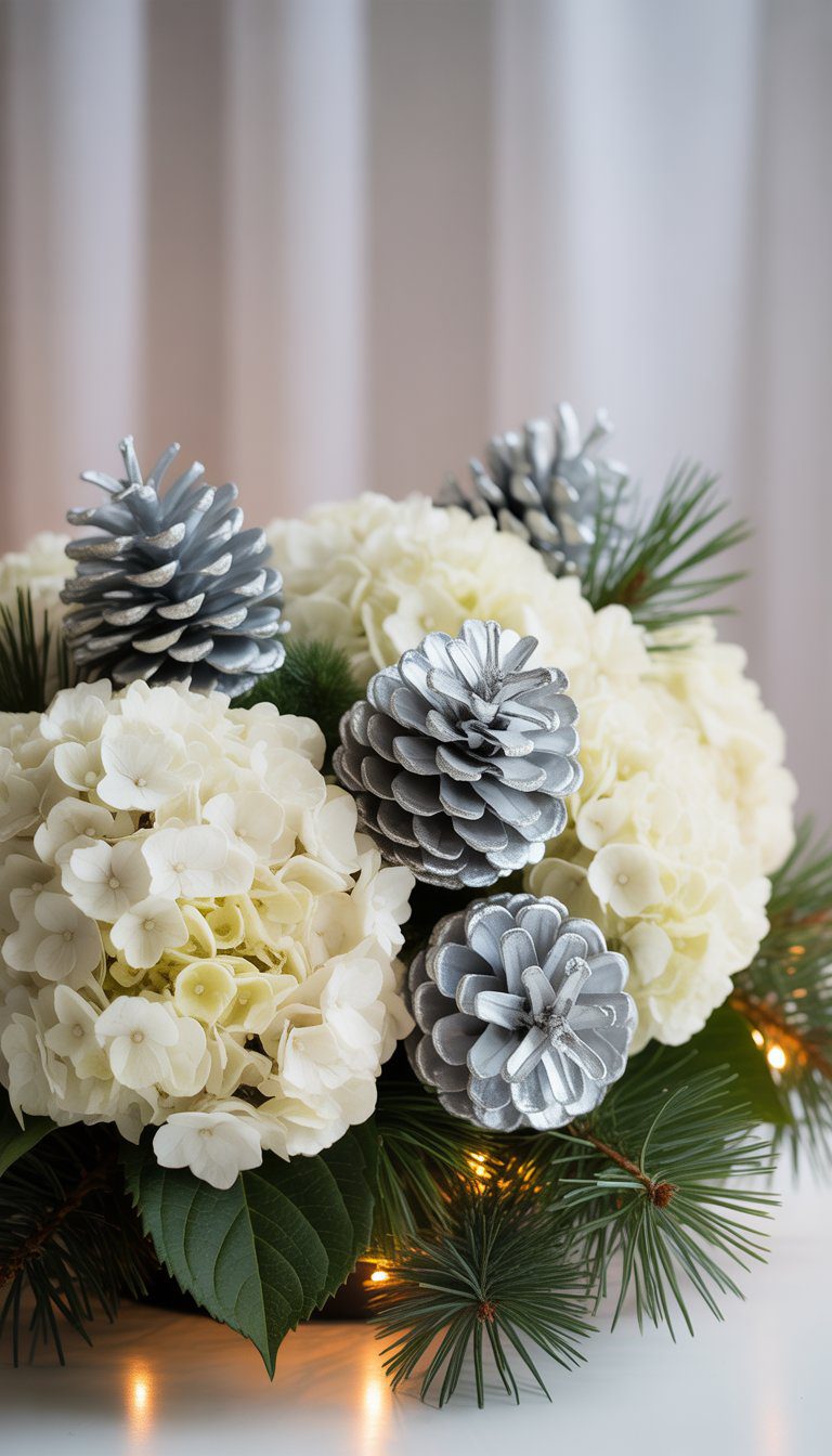 A Christmas centerpiece with white hydrangeas and silver-painted pinecones arranged with greenery on a neutral background.