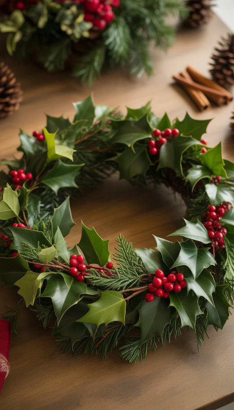 A Christmas centerpiece made of holly leaves, ivy, and red berries arranged in a wreath shape on a wooden table.