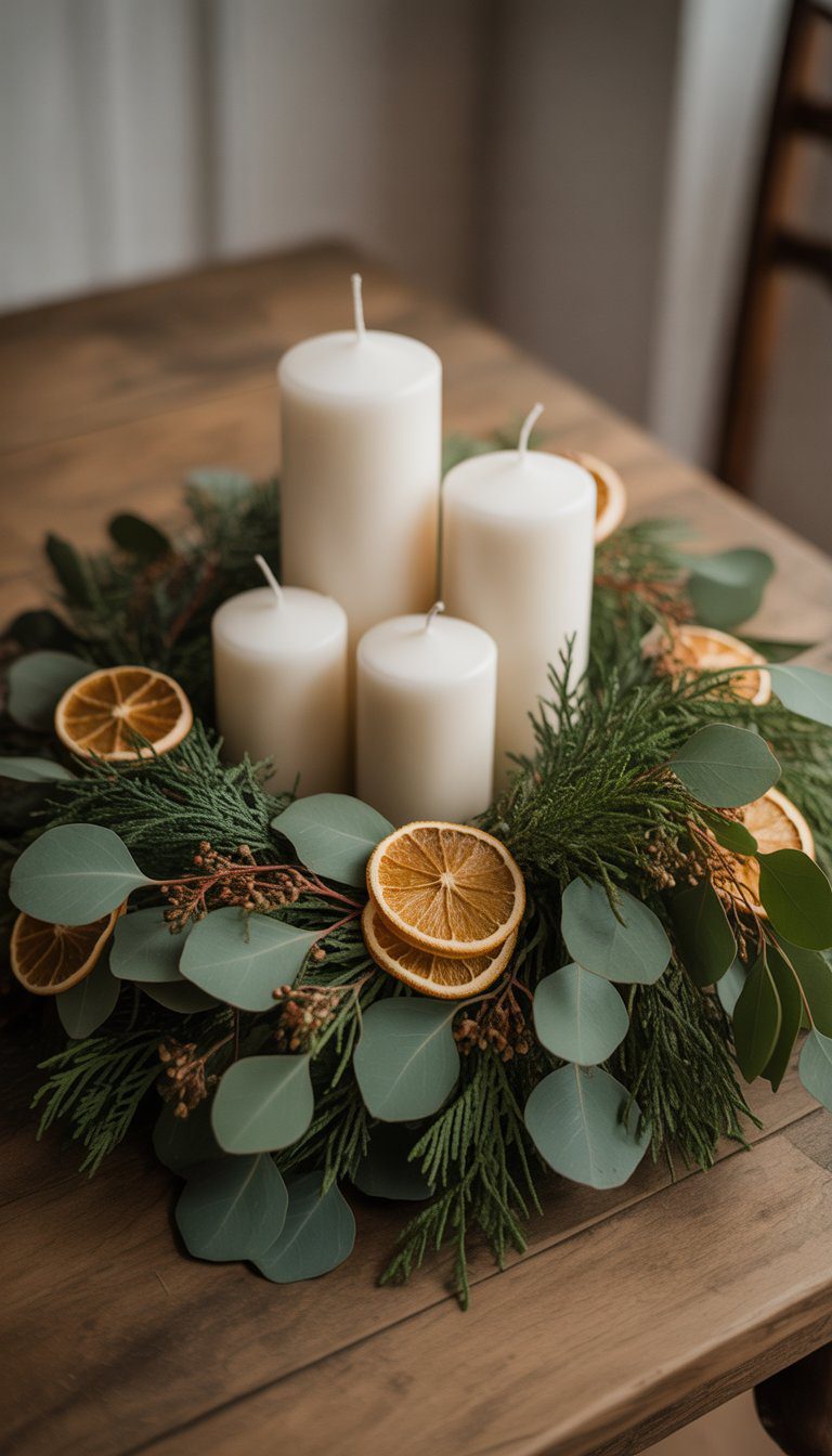 A Christmas centerpiece with white candles surrounded by eucalyptus leaves and dried orange slices on a wooden table.