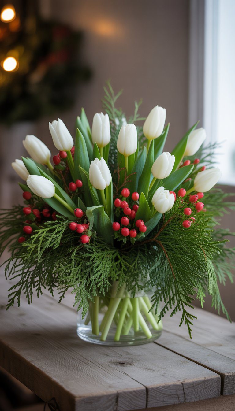 A winter bouquet with white tulips, green cedar branches, and red hypericum berries in a glass vase on a wooden table.
