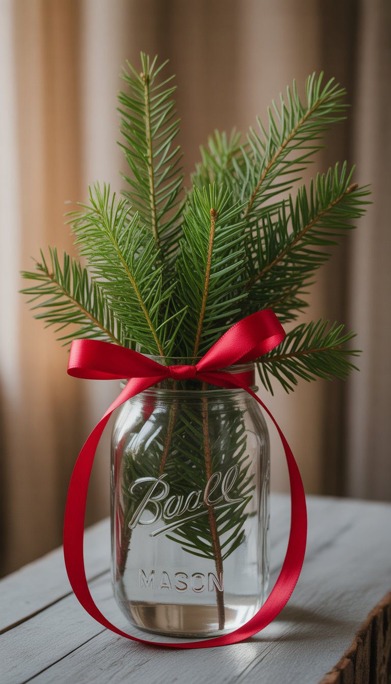 A clear mason jar filled with fresh spruce branches and tied with a red ribbon, sitting on a wooden surface.