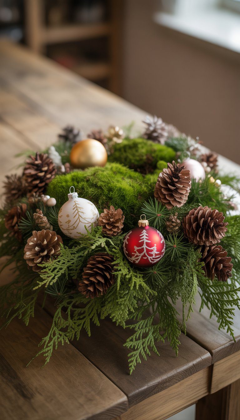 A Christmas centerpiece with moss, pinecones, and hand-painted ornaments on a wooden table.