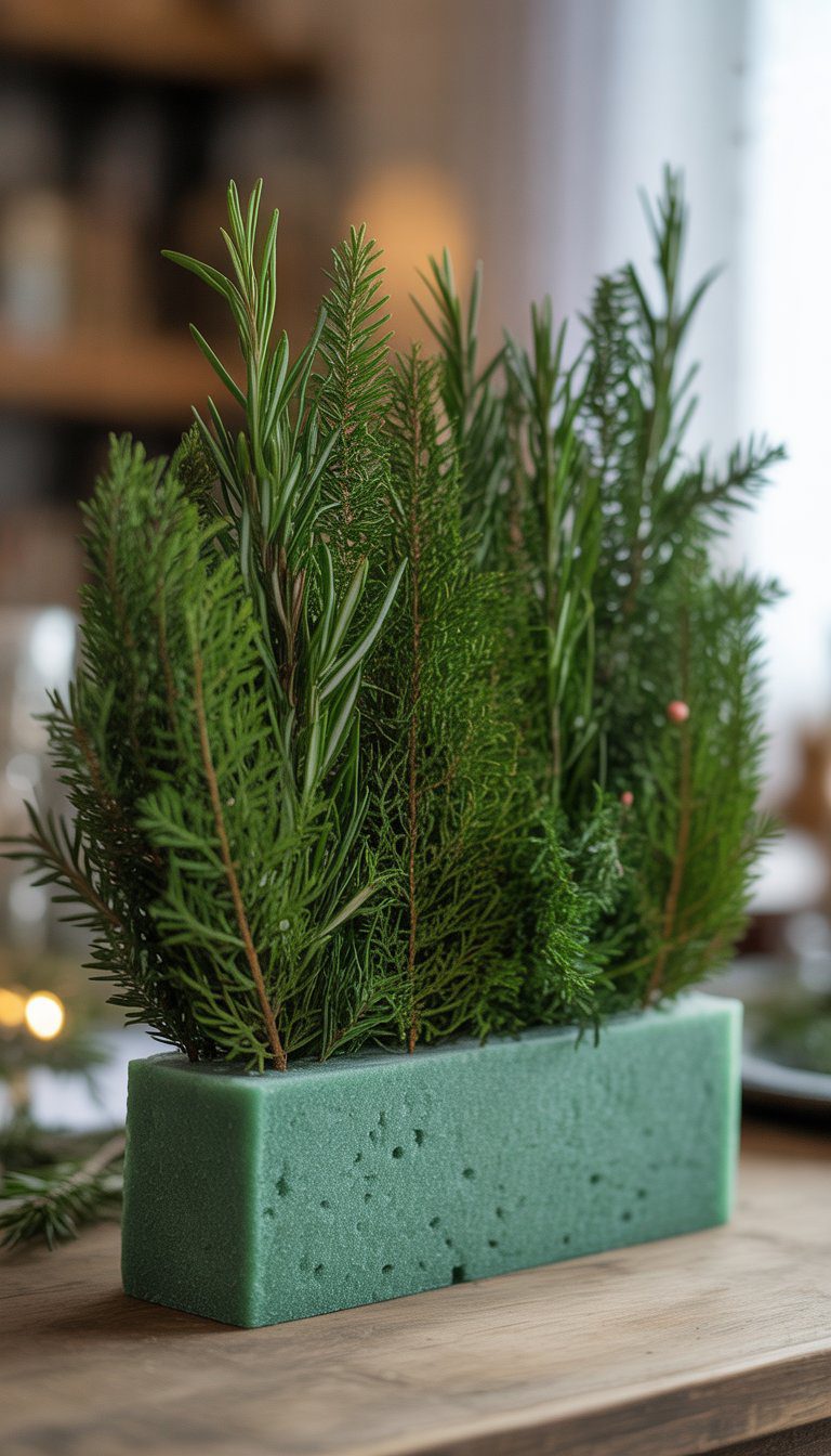 A Christmas centerpiece made with floral foam, rosemary sprigs, and fir clippings arranged on a wooden table.