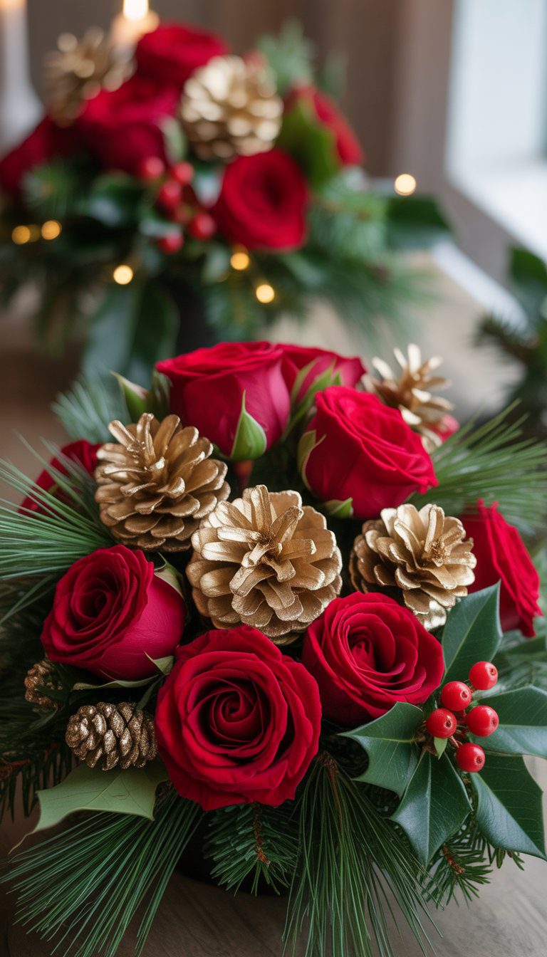 A Christmas centerpiece with red roses, gold-dusted pinecones, green pine branches, and red berries.