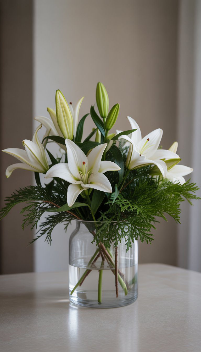 A clear glass vase holding fresh white lilies and green leaves on a neutral surface.