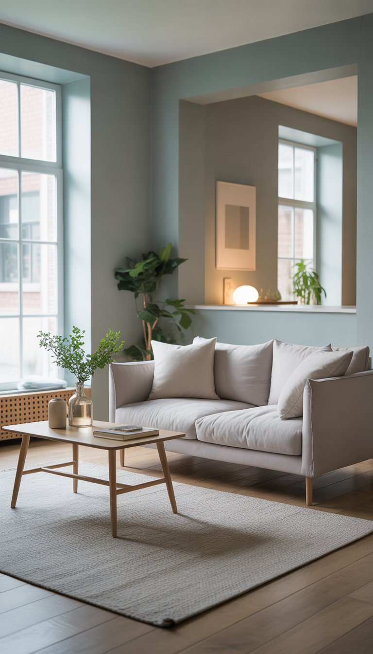 A small living room with soft gray walls, a light gray sofa, wooden coffee table, plants, and natural light coming through large windows.