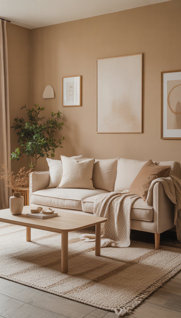 A small living room with warm beige walls, a beige sofa, coffee table, plants, and cozy decor.