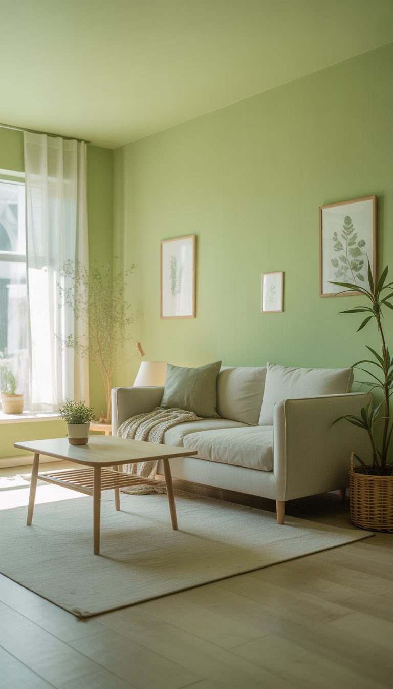 A small living room painted pale sage green with a gray sofa, wooden coffee table, plants, and natural light from a window.