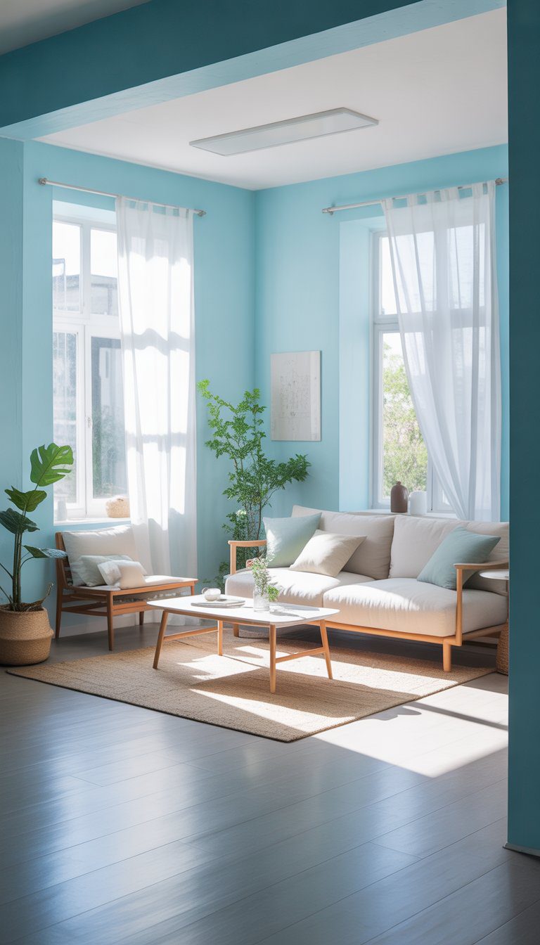 A small living room painted light blue with a sofa, coffee table, plants, and large windows letting in natural light.