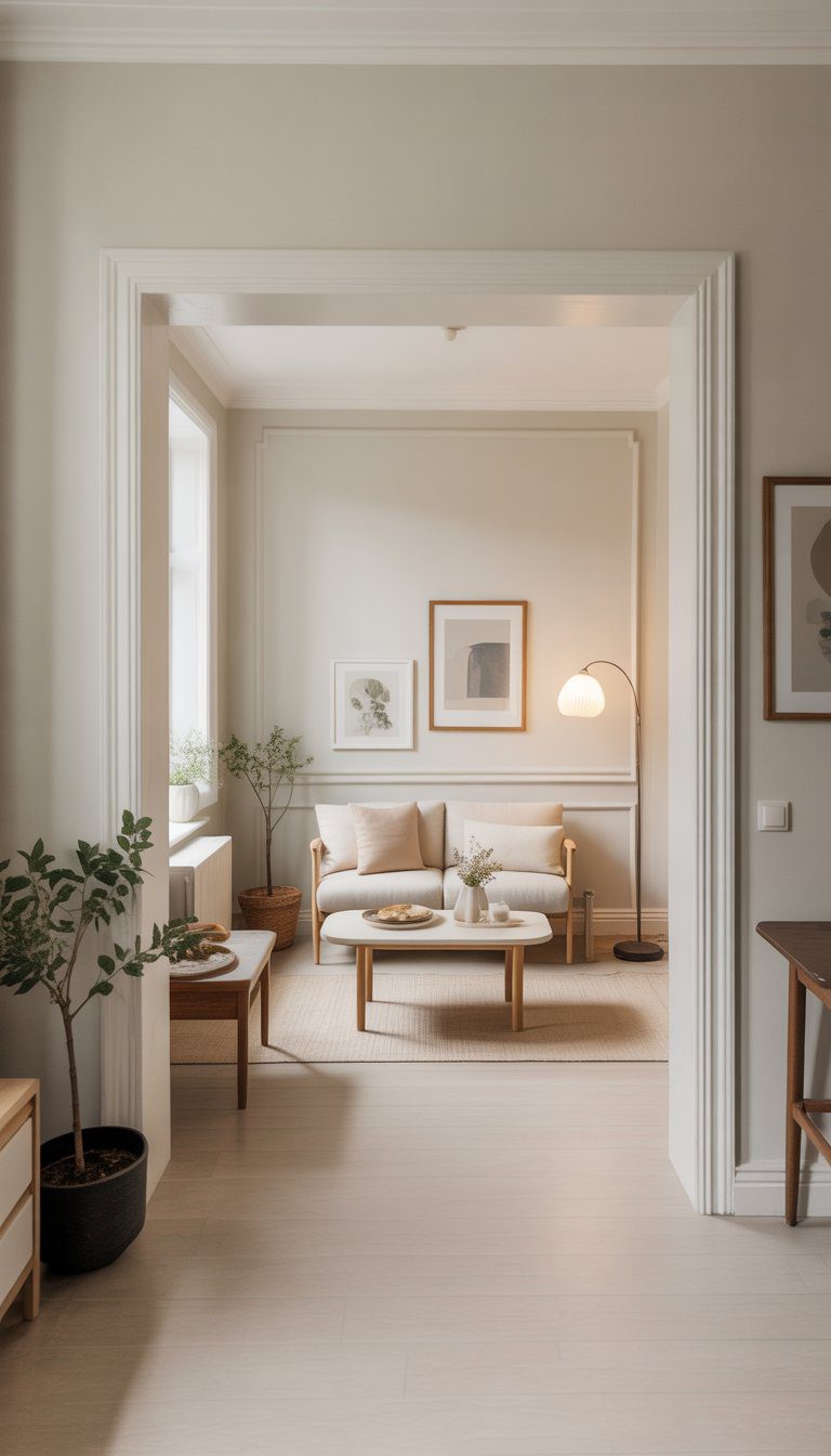 A small living room with off-white walls, natural light, a compact sofa, coffee table, potted plant, and floor lamp.