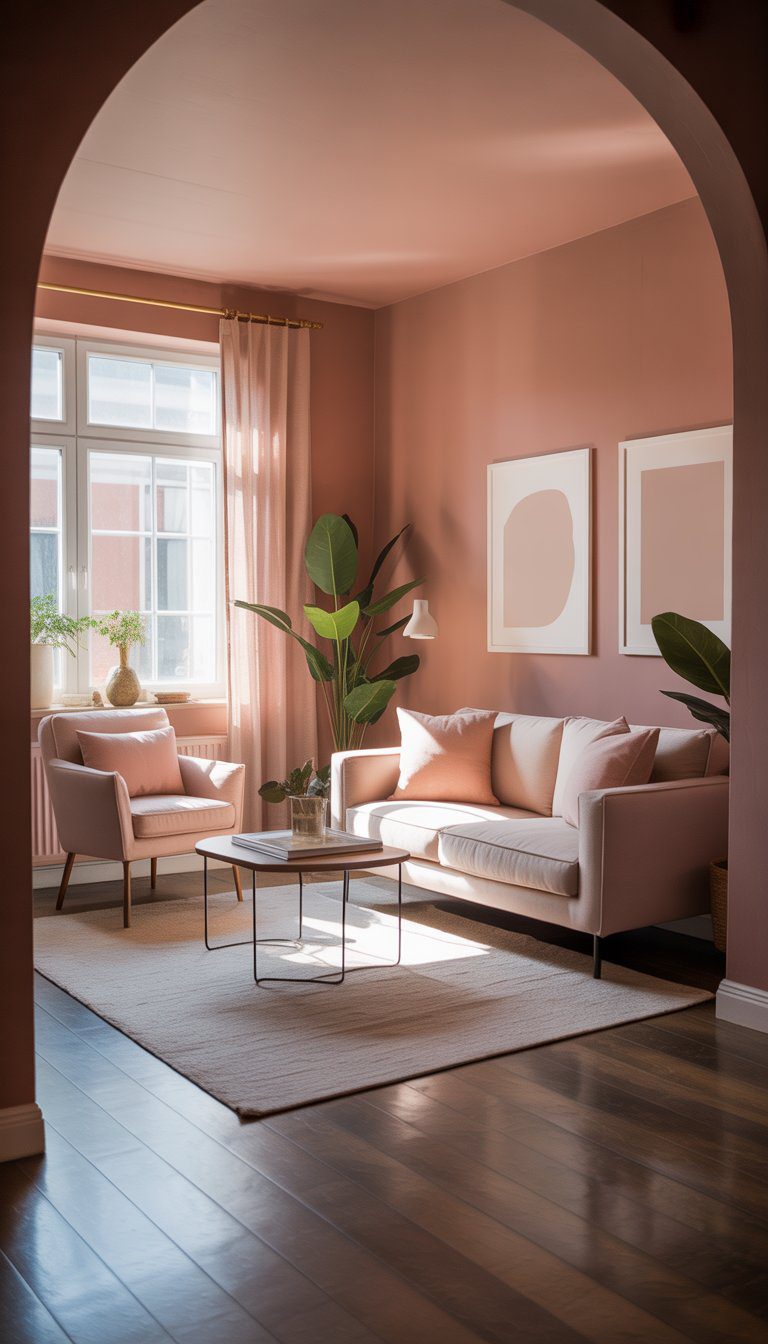 A small living room with muted blush pink walls, a sofa, armchairs, a coffee table, and natural light coming through a window.