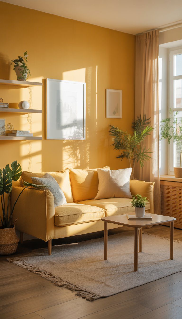A small living room with yellow walls, natural light, a compact sofa, coffee table, plants, and simple decor.