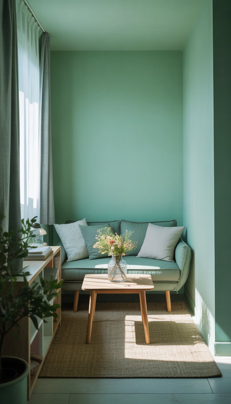 Small living room with mint green walls, a compact sofa, coffee table, and plants, illuminated by natural light.
