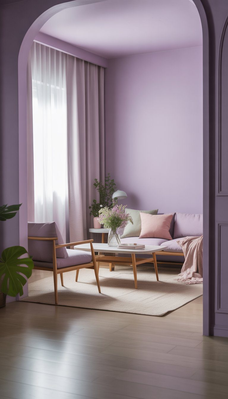 Small living room painted in soft lavender with a compact sofa, coffee table, plants, and natural light coming through sheer curtains.