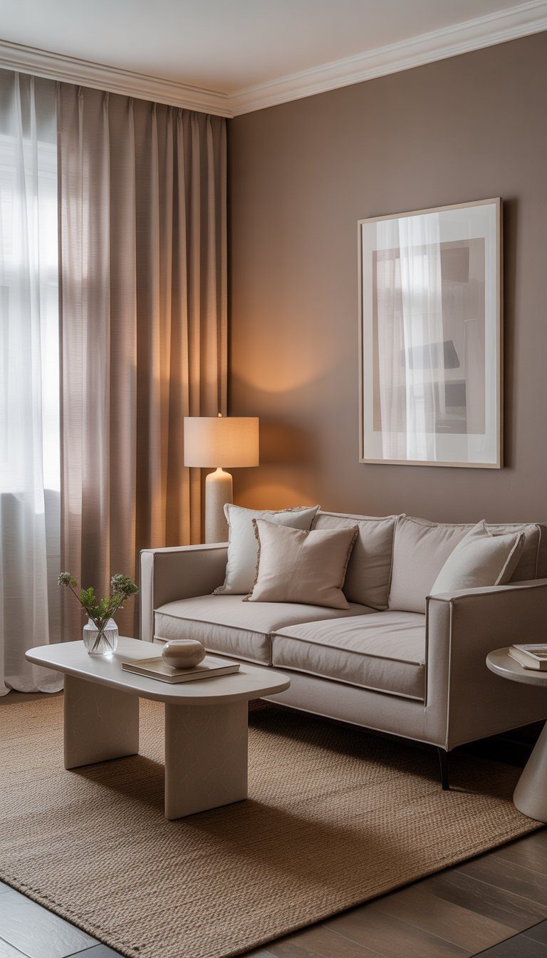 A small living room with a warm taupe and gray painted wall, a sofa, coffee table, and soft natural light coming through a window.