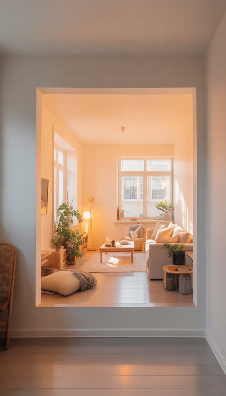 A small living room with warm white walls, a compact sofa, coffee table, plants, and sunlight streaming through large windows.