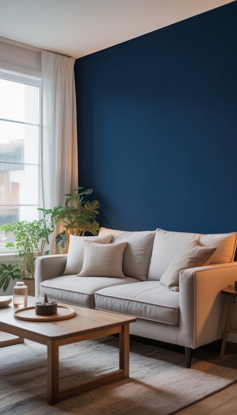 Small living room with a navy blue accent wall, a gray sofa, wooden coffee table, plants, and natural light coming through a window.