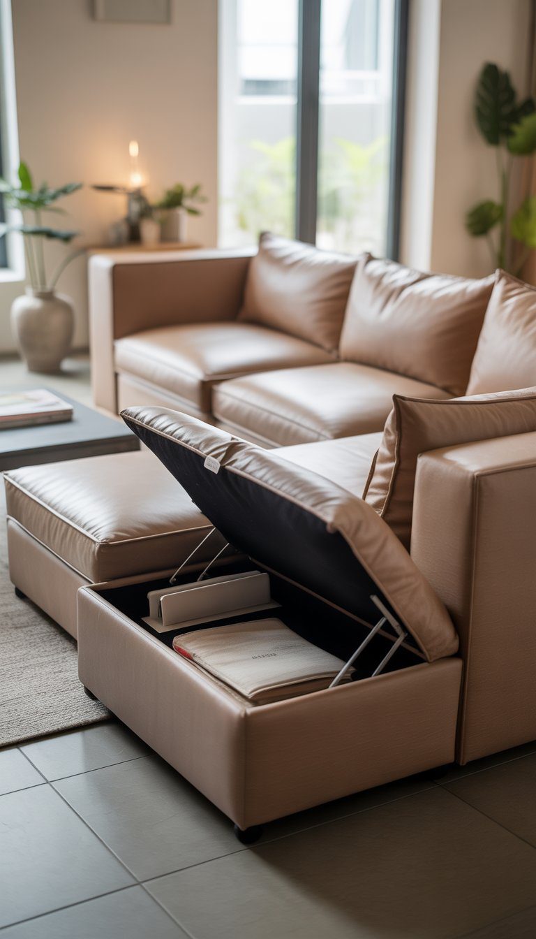 A compact sectional sofa with built-in storage compartments in a small living room with natural light and minimal decor.
