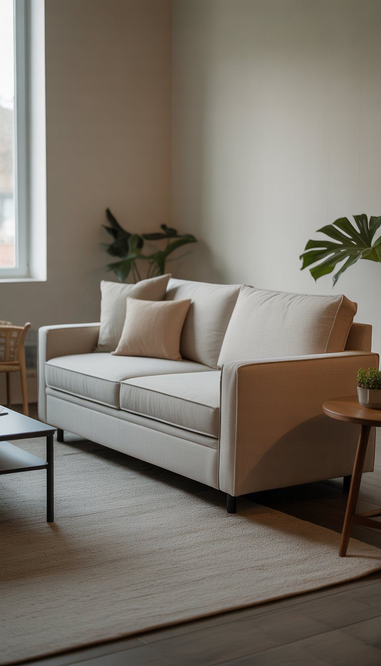 A small living room with a compact convertible sleeper sofa set up for seating, featuring a coffee table and a potted plant nearby.