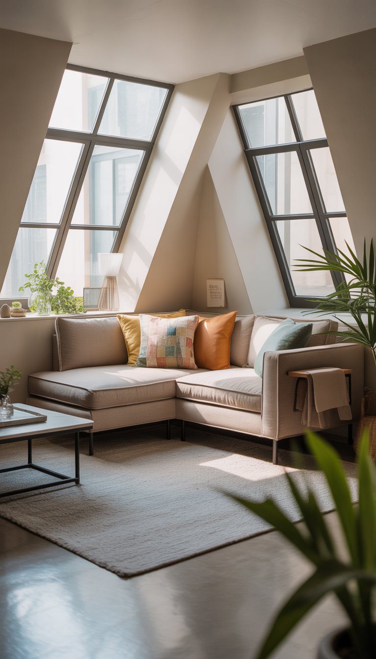 Small living room with a corner sectional sofa arranged in an angled corner, bright natural light, a coffee table, area rug, and plants.