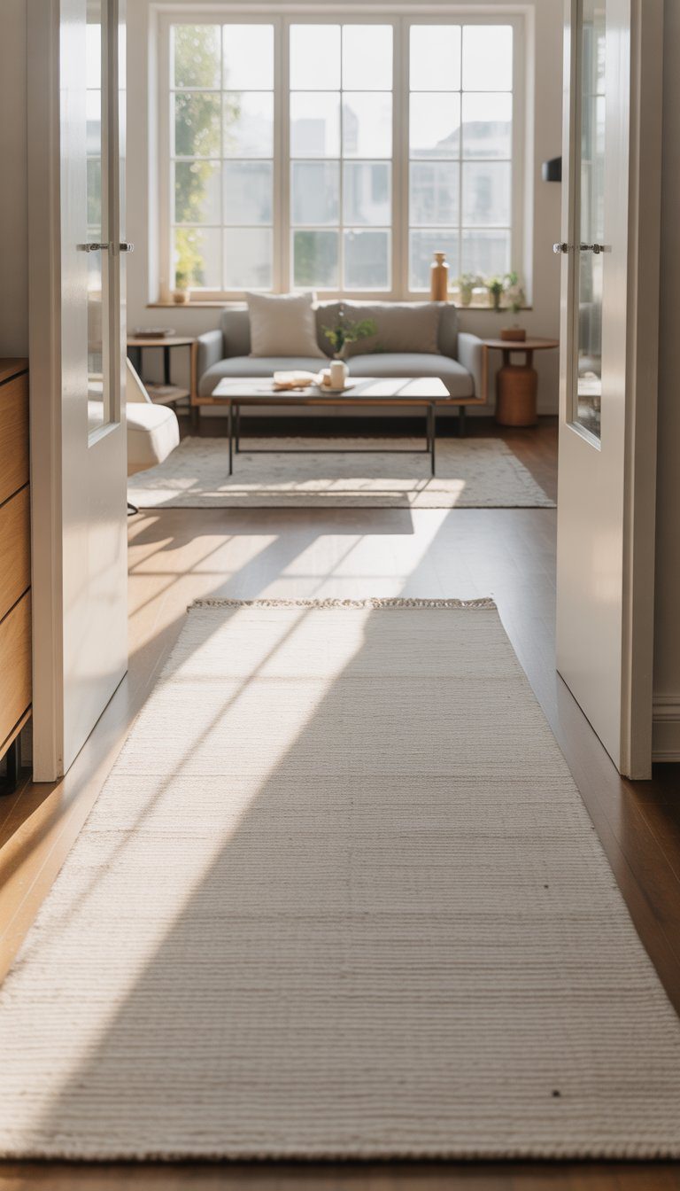 Small living room with a light-colored rug, sofa, coffee table, and natural light coming through windows.