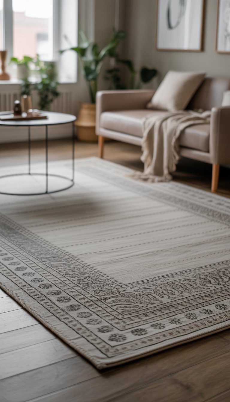 A small living room with a patterned rug, sofa, coffee table, and plants in natural light.