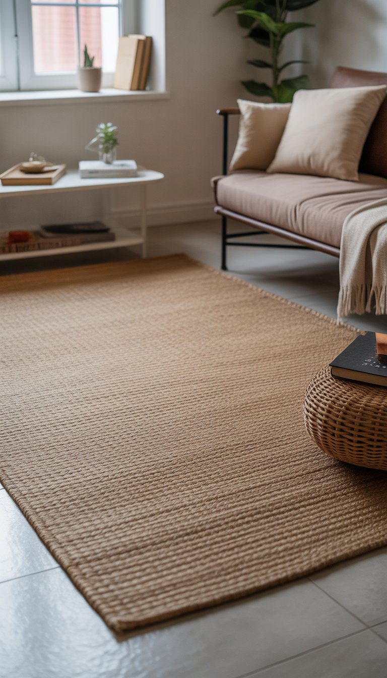 Small living room with a low-pile rug, sofa, coffee table, and natural light coming through a window.