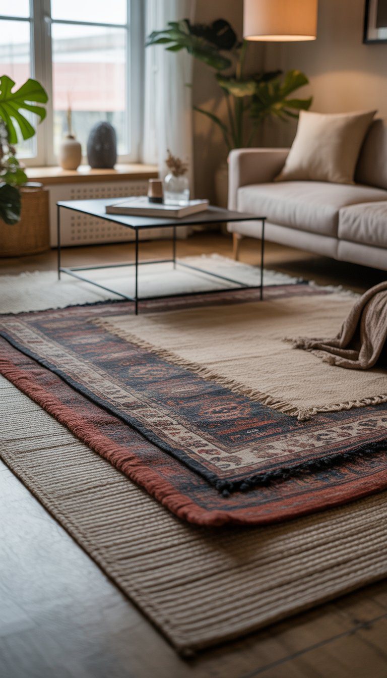 A small living room with a larger neutral rug layered with a smaller patterned rug on the floor, a sofa, coffee table, and plants.