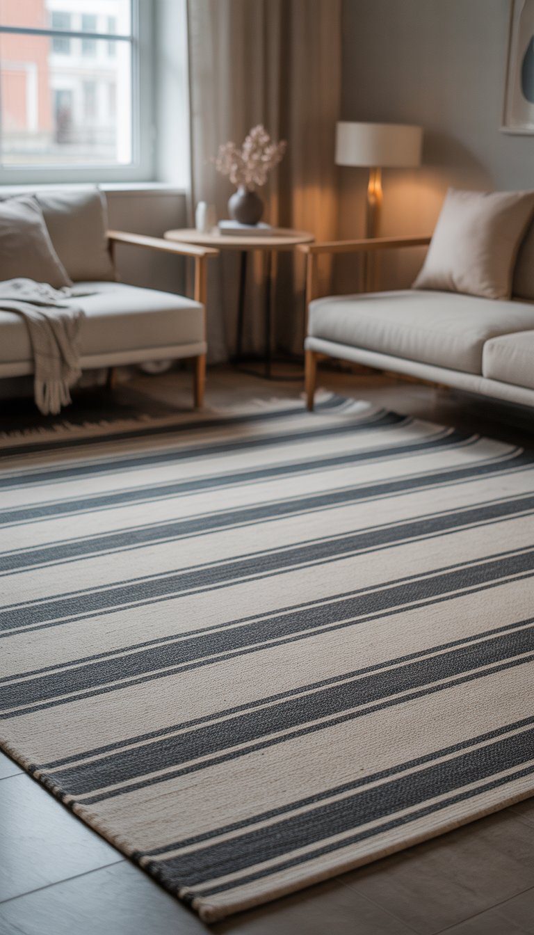 A small living room with a striped rug, sofa, coffee table, and natural light coming through a window.