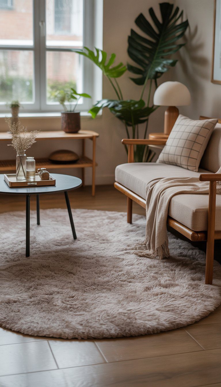 Small living room with a round rug in the center surrounded by a sofa, coffee table, and natural light coming through a window.