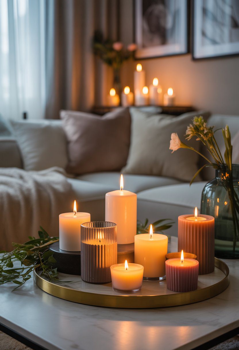 A living room with a coffee table displaying various lit candles surrounded by cushions, a throw blanket, flowers, and greenery.