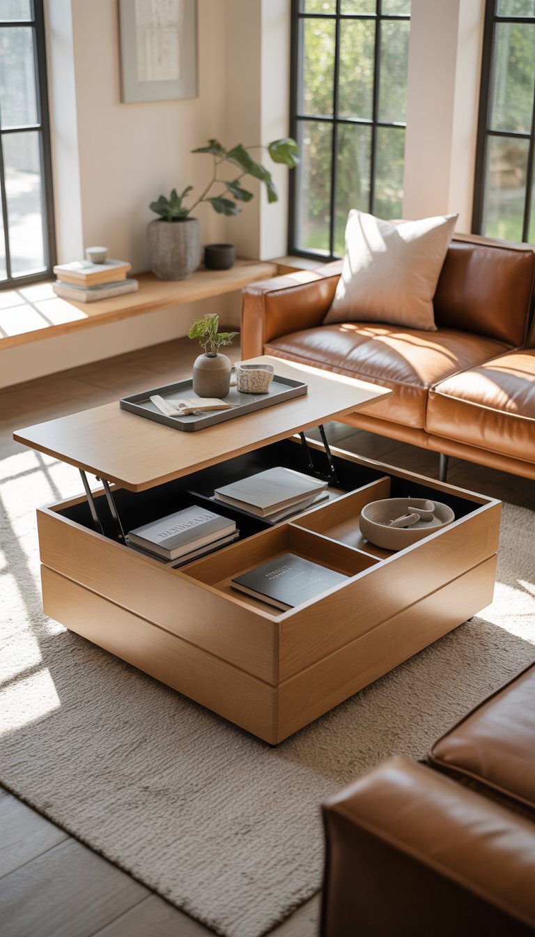 A small living room with a sofa and a lift-top coffee table showing hidden storage inside.