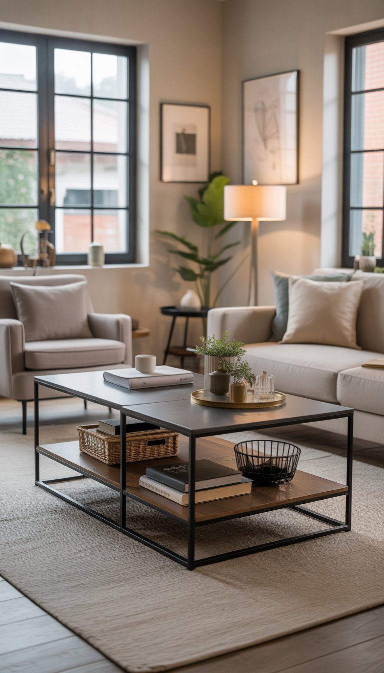 Small living room with a two-tier coffee table holding books and decorative items beneath a sofa and armchair.