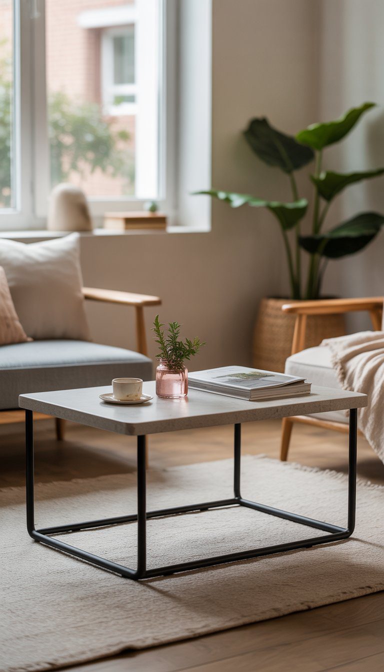 A small living room with a narrow coffee table, a sofa, and natural light from a window.