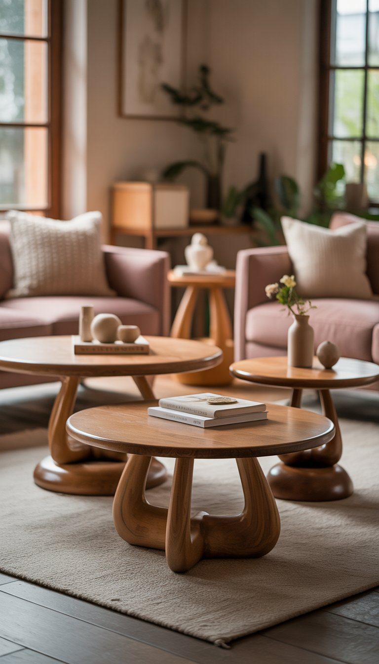 A small living room with round wooden coffee tables featuring sculptural bases, surrounded by a sofa, armchairs, and indoor plants.