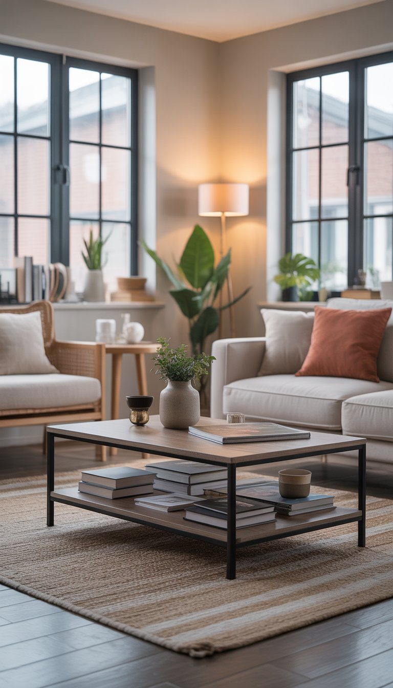 A small living room with a coffee table that has built-in shelves holding books and decorations, surrounded by a sofa and armchairs.