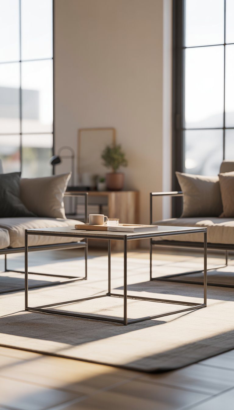 Small living room with a metal frame coffee table, comfortable seating, natural light, and simple decor.